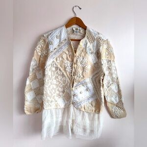 Vintage Silk Sandy Starkman Beige & White Patchwork, Beaded Tulle Skirted Jacket